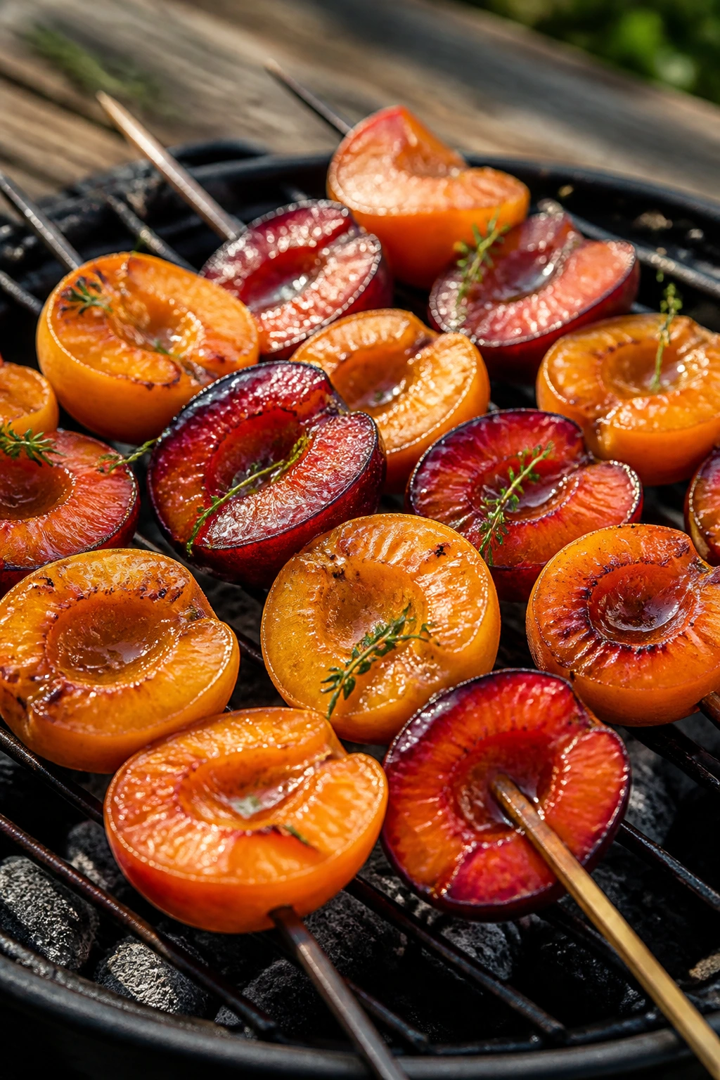 Close-up of Apricot, Plum, and Thyme Kebabs on a wooden board outdoors