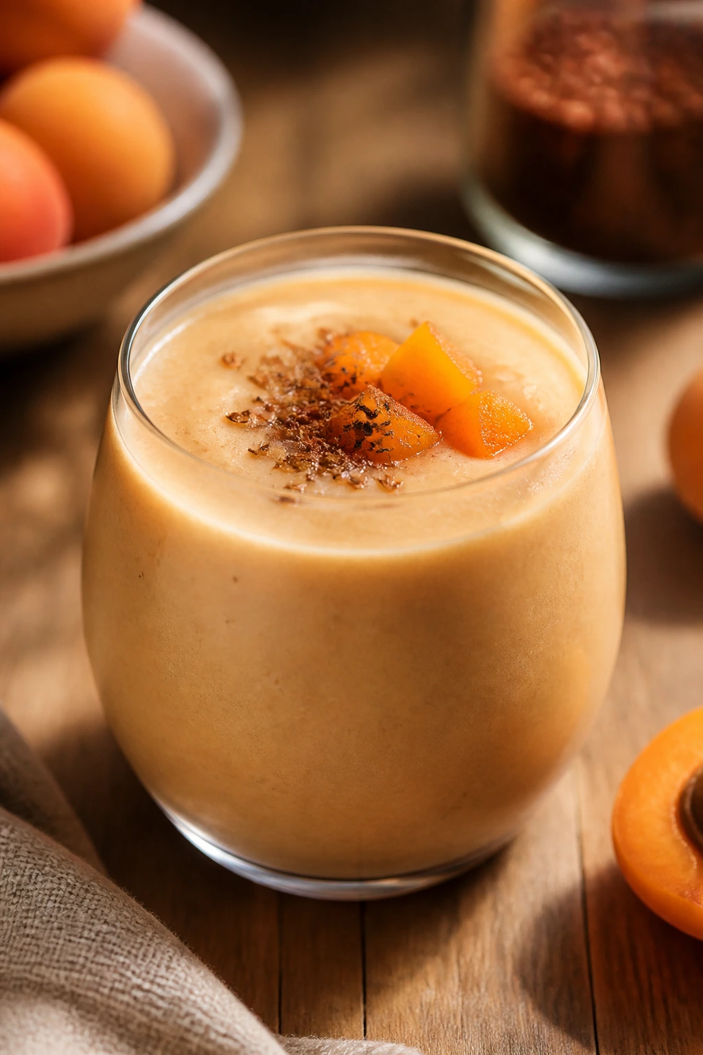 Close-up of Apricot Rooibos Yogurt Smoothie in a glass on a wooden table