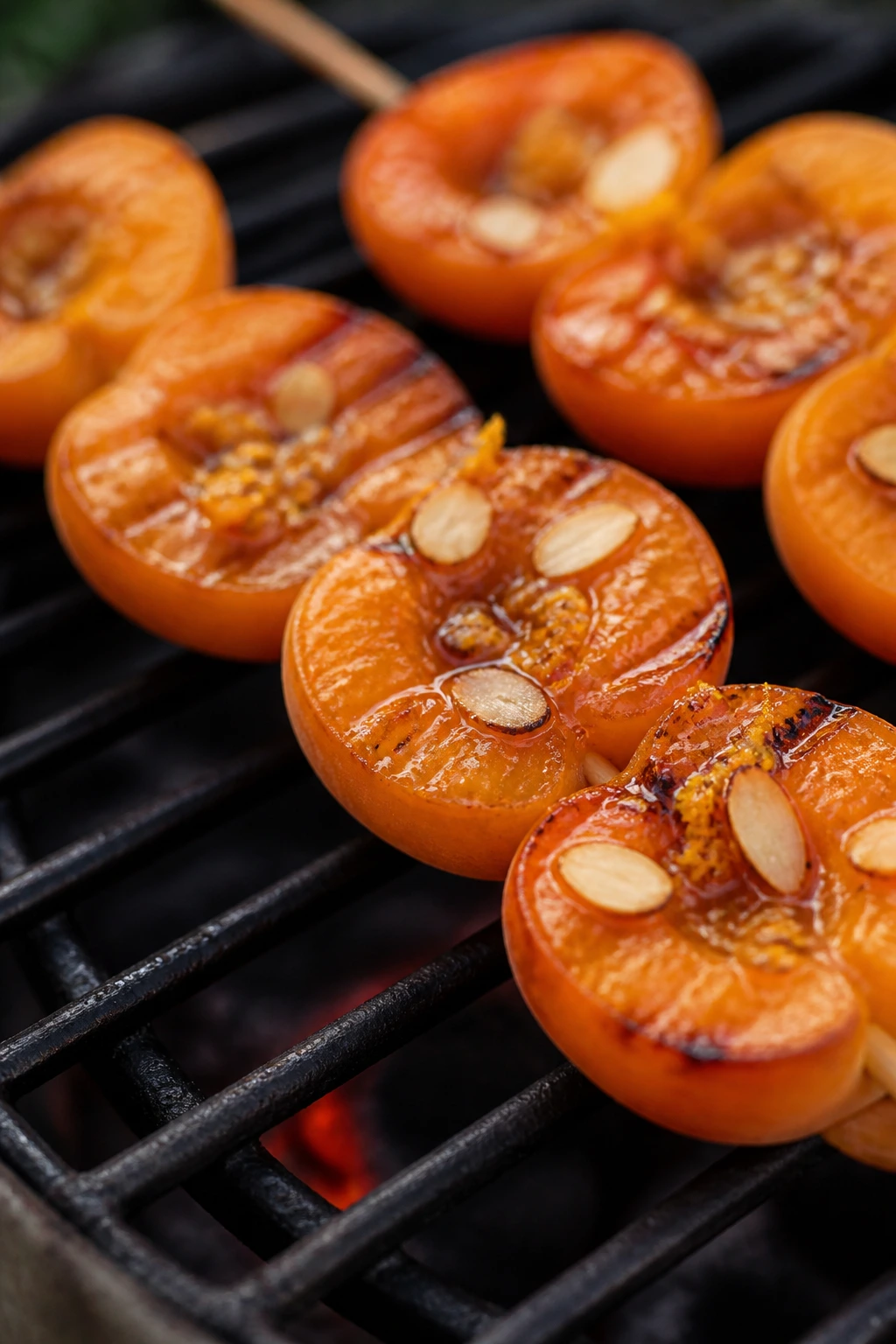 Close-up of apricots on a skewer with honey almond orange zest glaze grilled outdoors