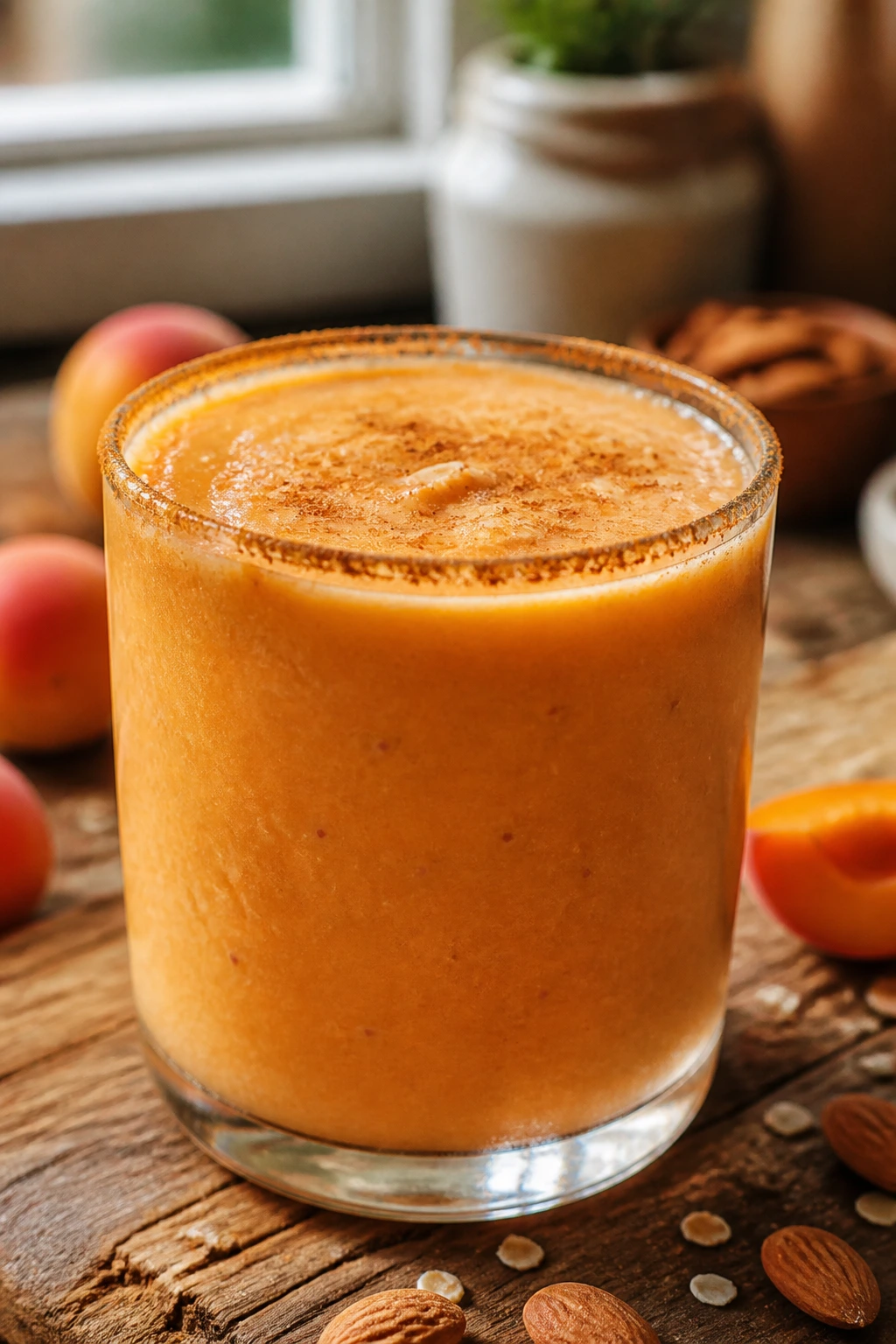 Close-up of apricot almond smoothie in glass with cinnamon dusting
