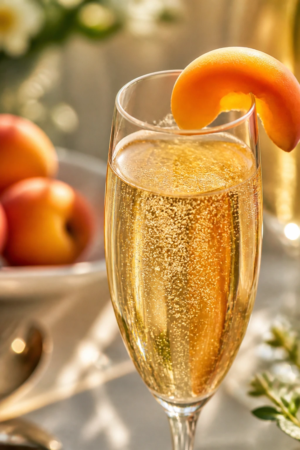 Flute of apricot sparkler with apricot slice garnish