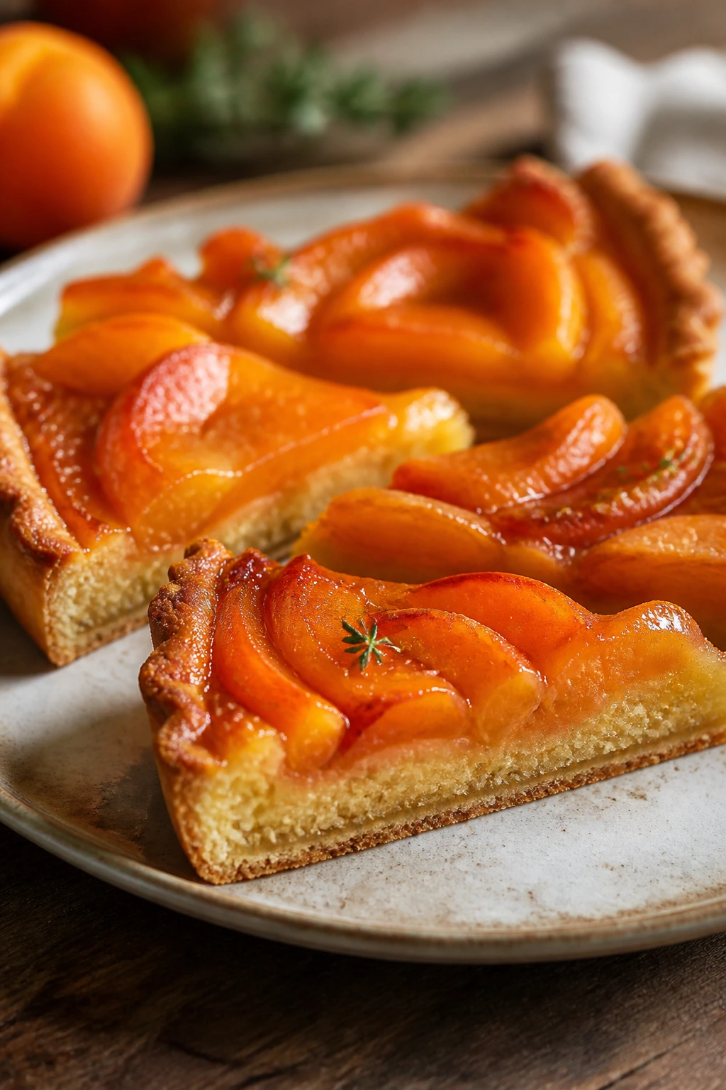 Close-up of apricot tart slices with almond frangipane