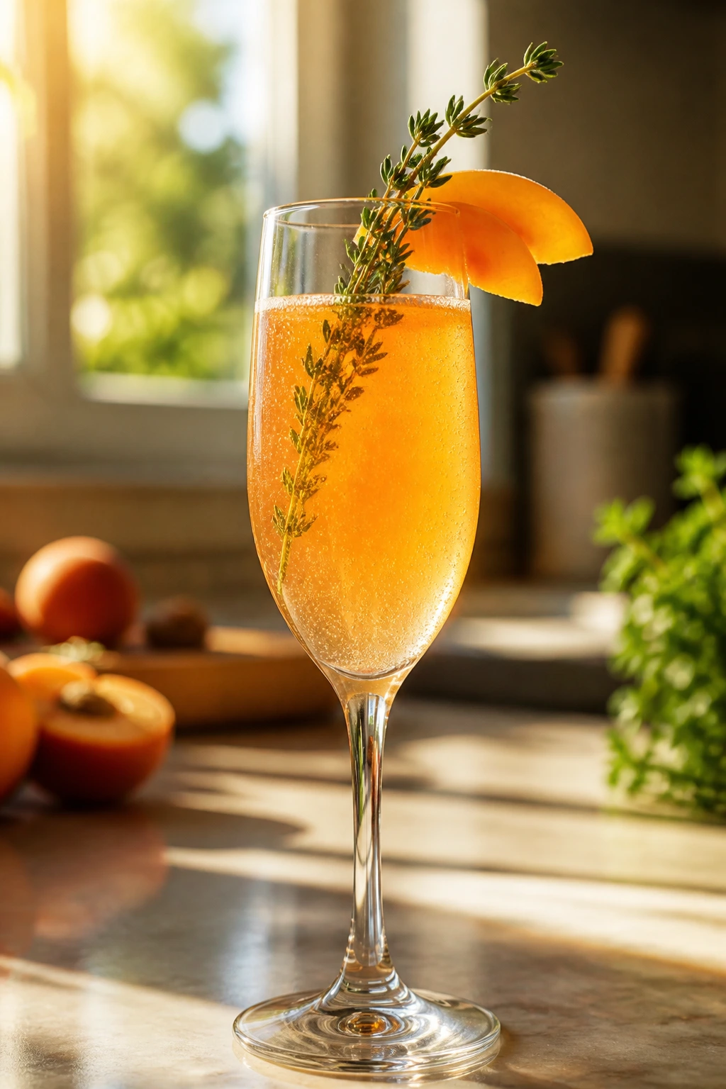 Close-up of apricot thyme mimosa in a flute with apricot slice and thyme garnish on a warm kitchen counter