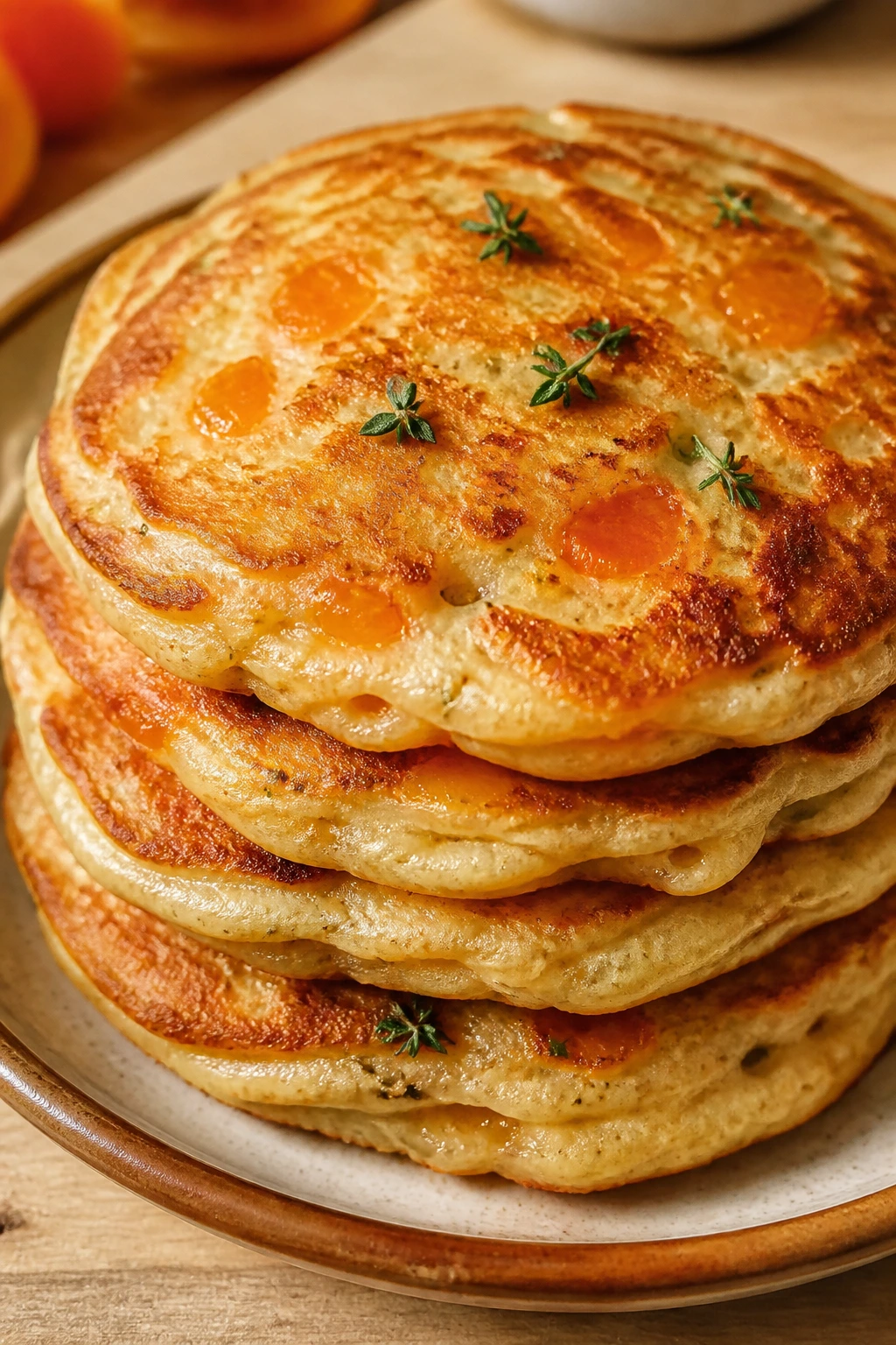 Close-up of Apricot Thyme Pancakes with apricot pieces and thyme