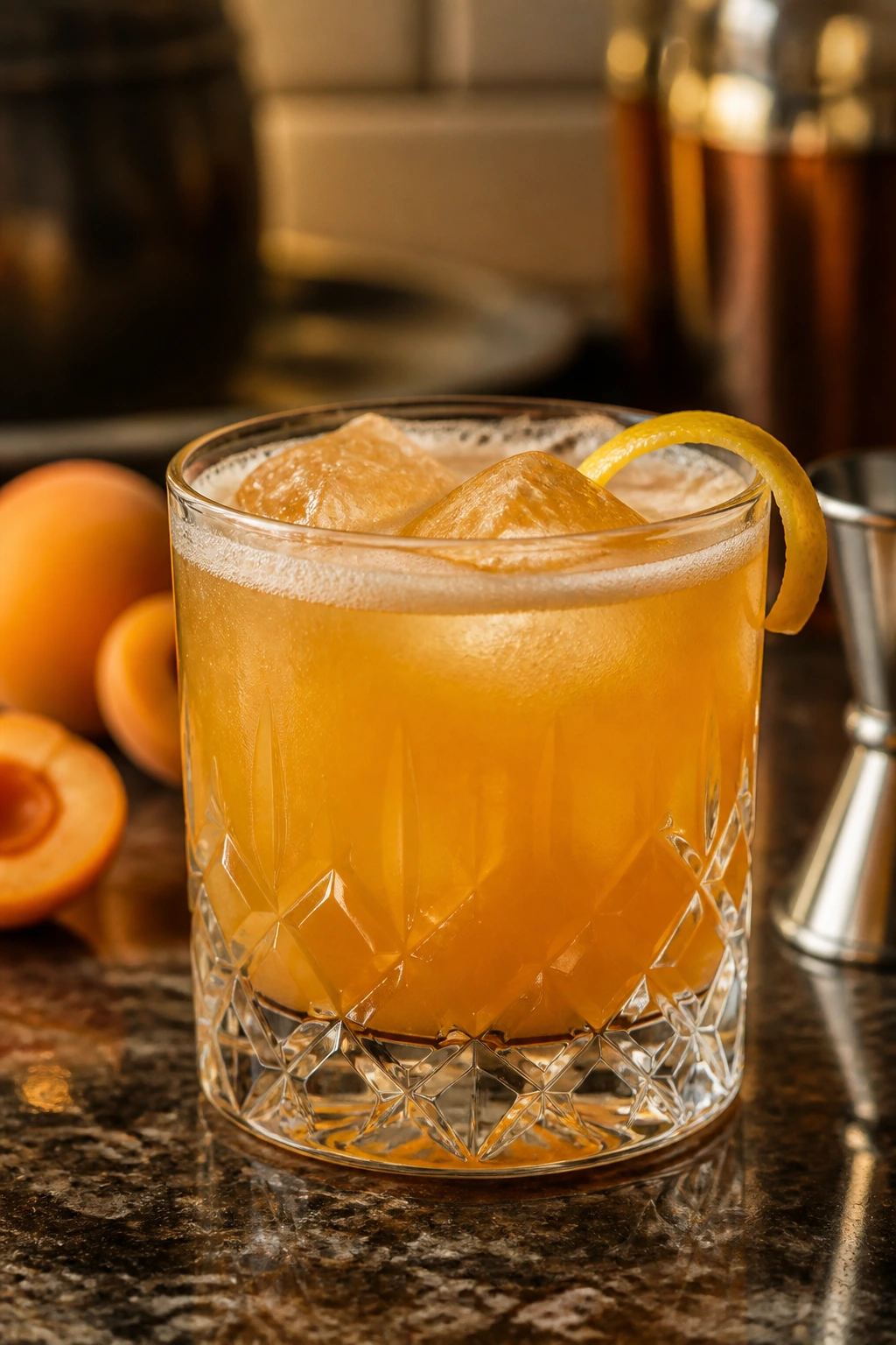 Close-up of a rocks glass with apricot whiskey sour and lemon twist