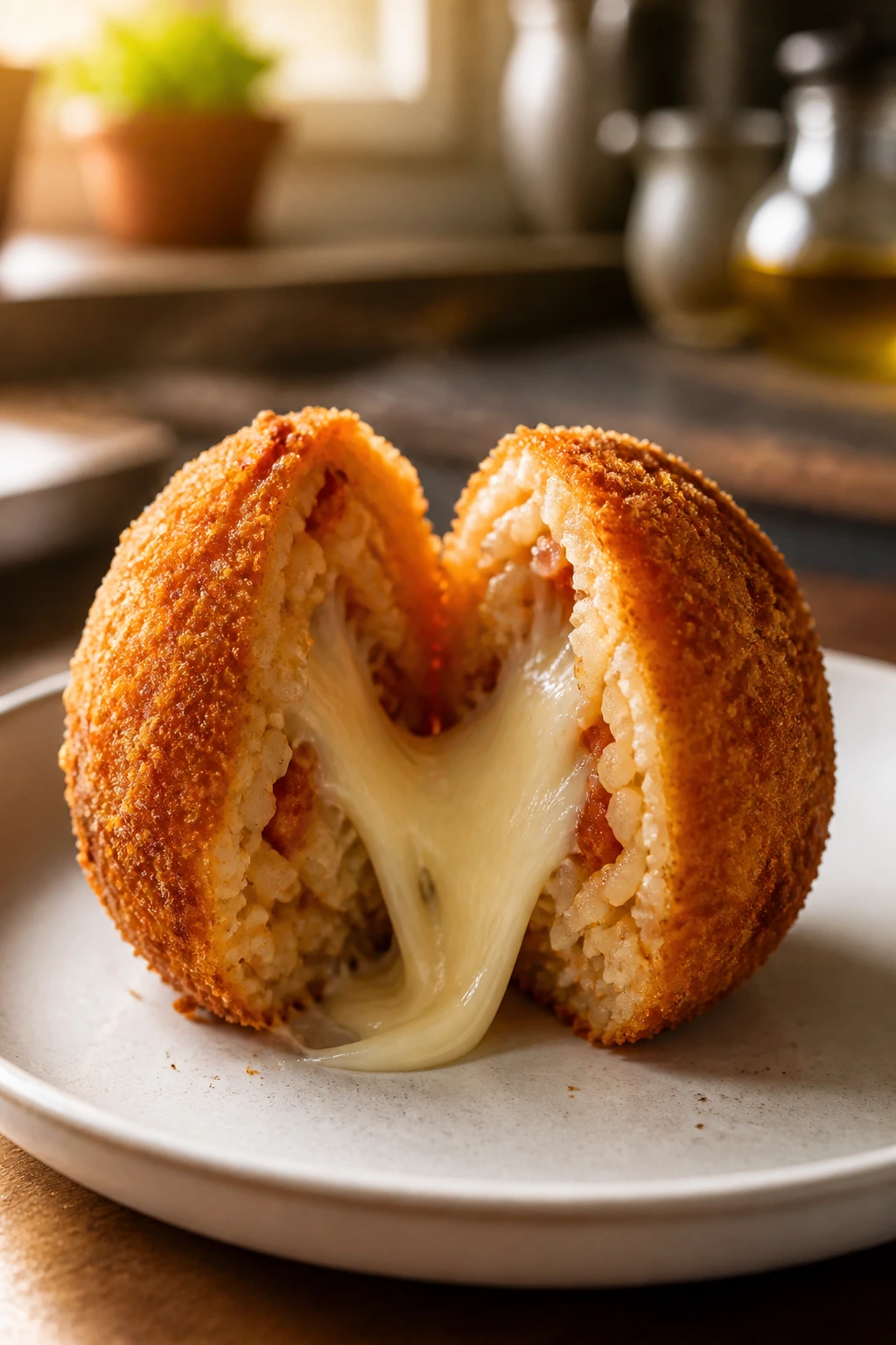 Cross-section of arancini showing melted mozzarella center