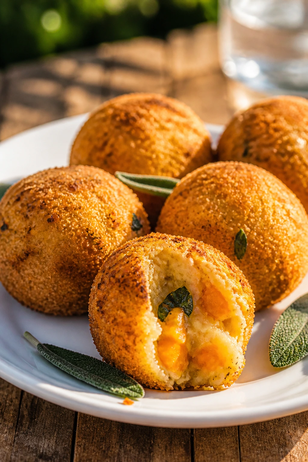 Golden arancini with sage on a plate outdoors at a picnic.