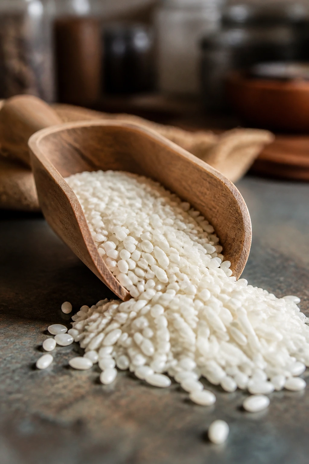 Arborio rice grains on wooden surface
