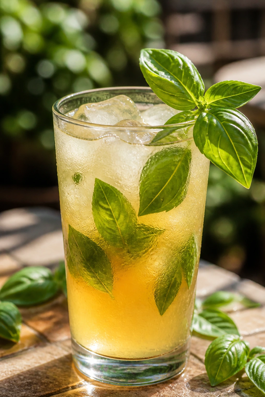 Glass of Arnold Palmer with Basil showing fresh basil leaves