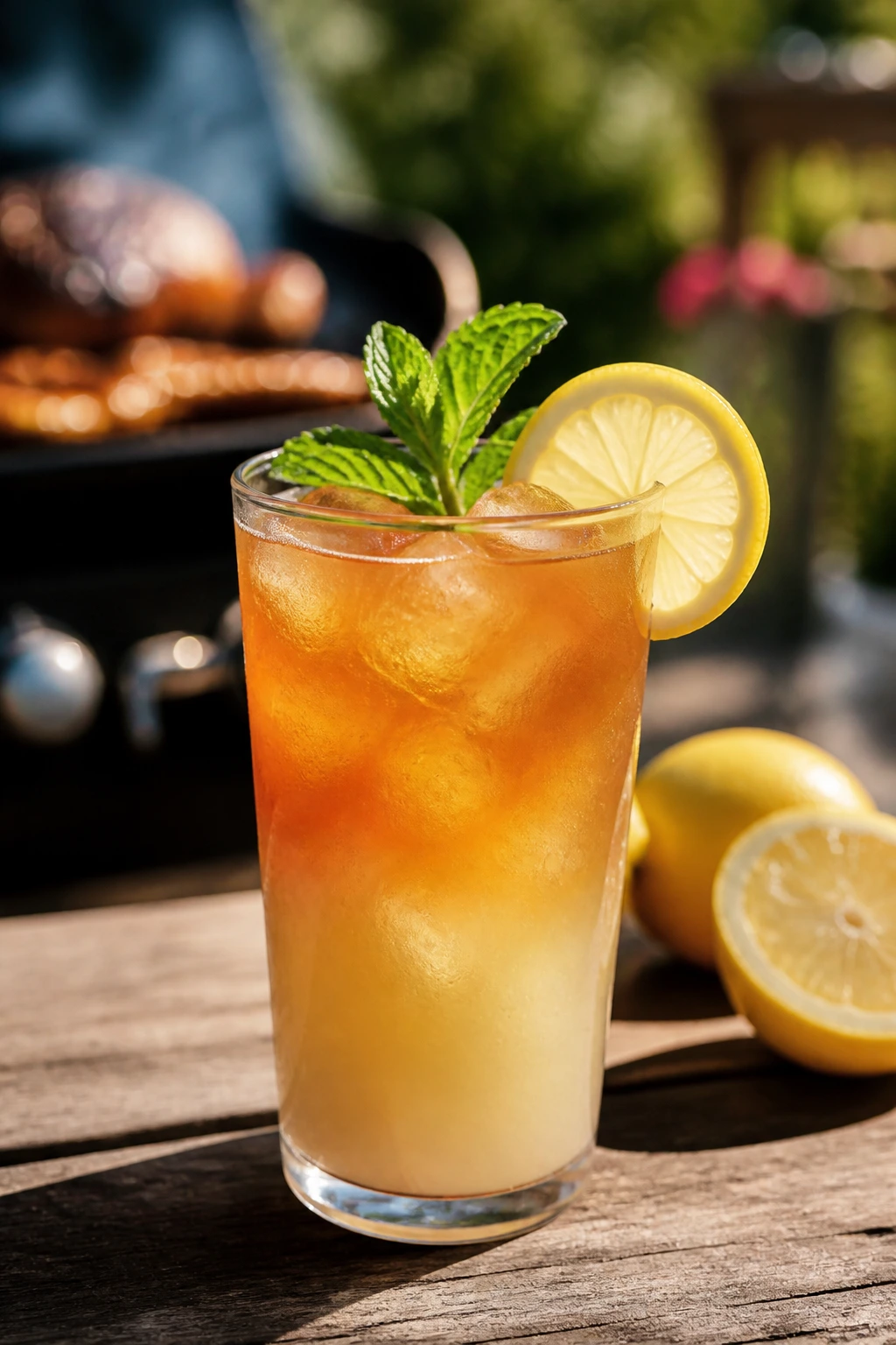 Glass of Spiked Arnold Palmer with lemon wheel and mint garnish outdoors