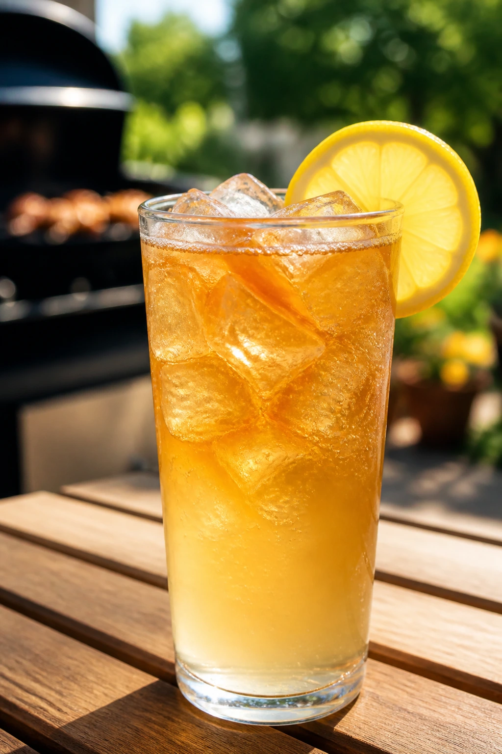 Close-up of Arnold Palmer Spritz in a tall glass on a sunny backyard barbecue