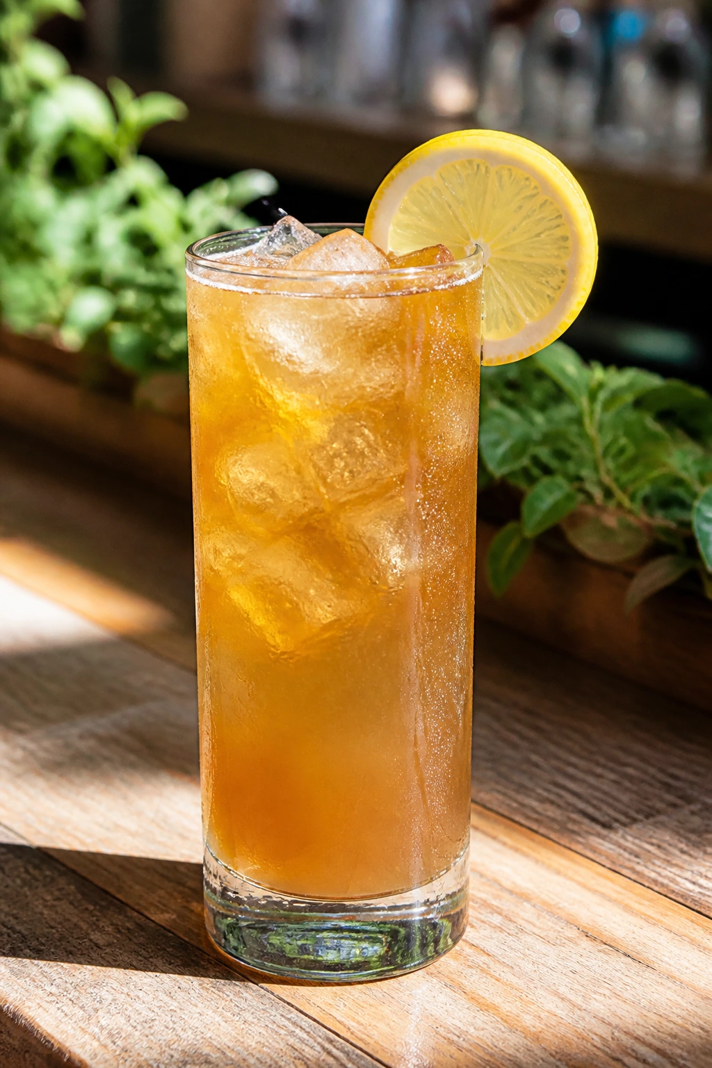 Spiked Arnold Palmer in a tall glass with lemon wheel on a sunlit patio