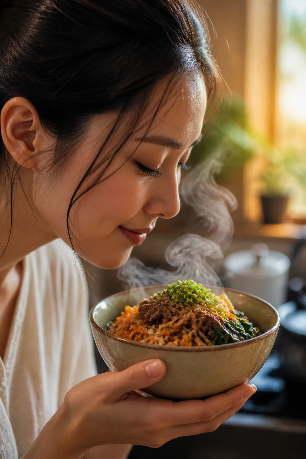 Close-up of a person sniffing steam from a steaming Korean meal to convey aroma