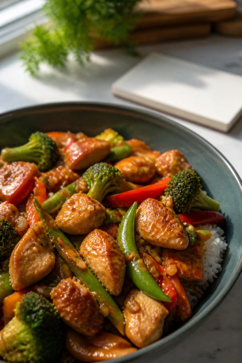 Close-up of aromatic chicken stir fry on a plate with a blank recipe card in the background