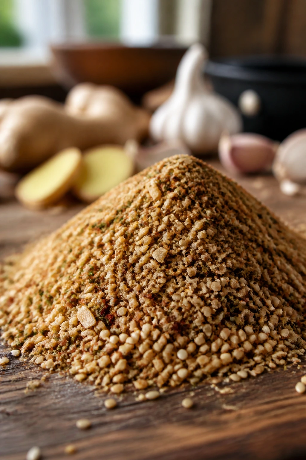 Close-up of Aromatic Asian Seasoning blend on wood with a warm kitchen backdrop