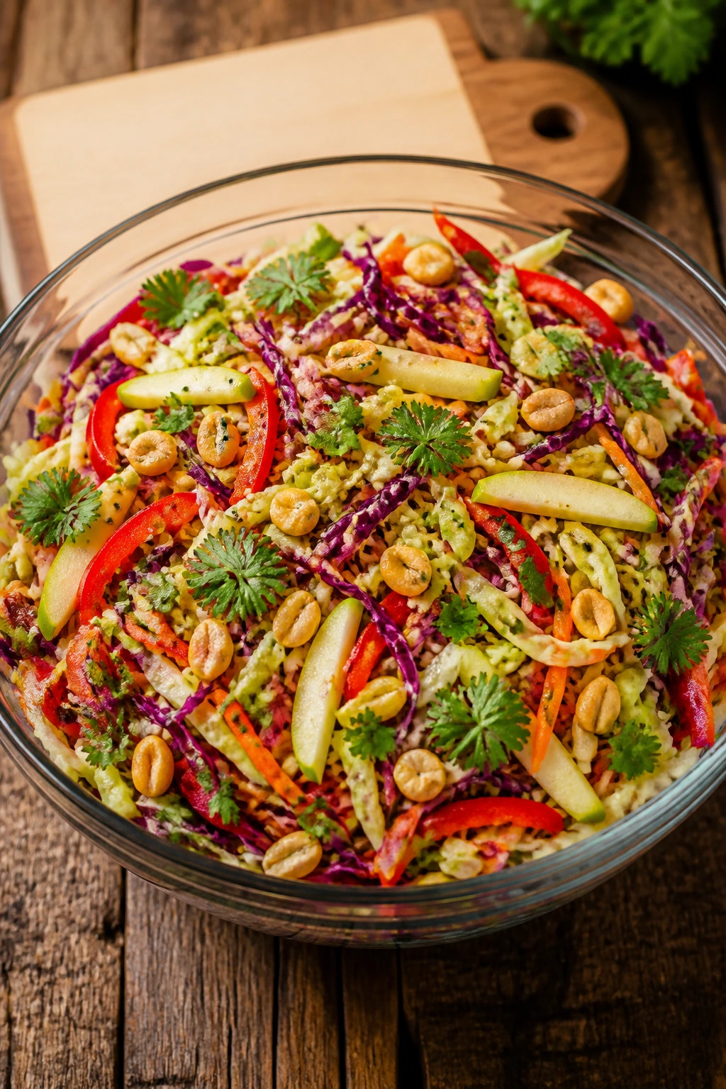 Close-up of a crisp Asian slaw with cabbage, carrots, apples, herbs, peanuts, and sesame seeds in a bowl