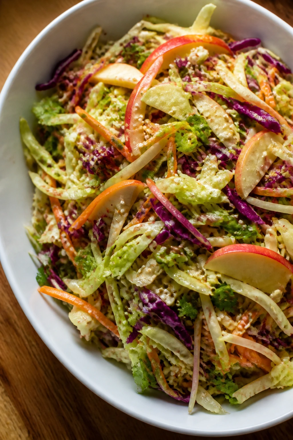 Close-up of a vibrant Aromatic Asian Slaw in a bowl with cabbage ribbons, carrots, apples and sesame seeds