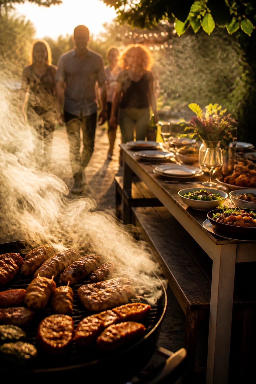 Smoky backyard scene with people approaching a table as aroma fills the air.
