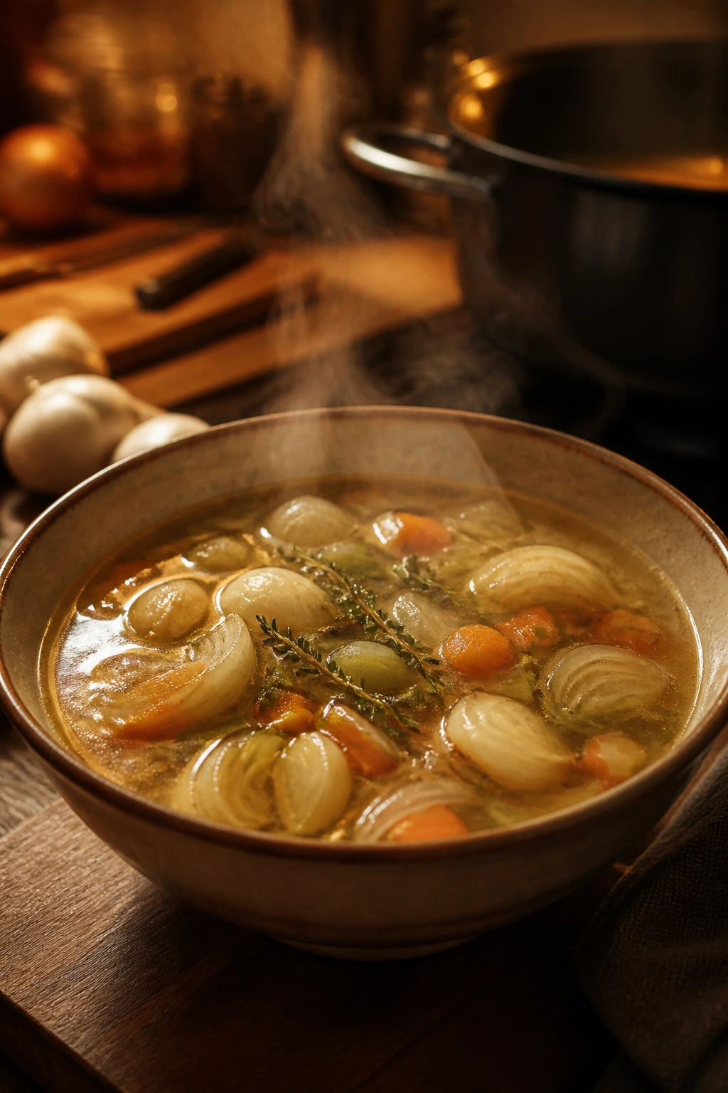 Steaming bowl of soup with aroma implied by warm kitchen light