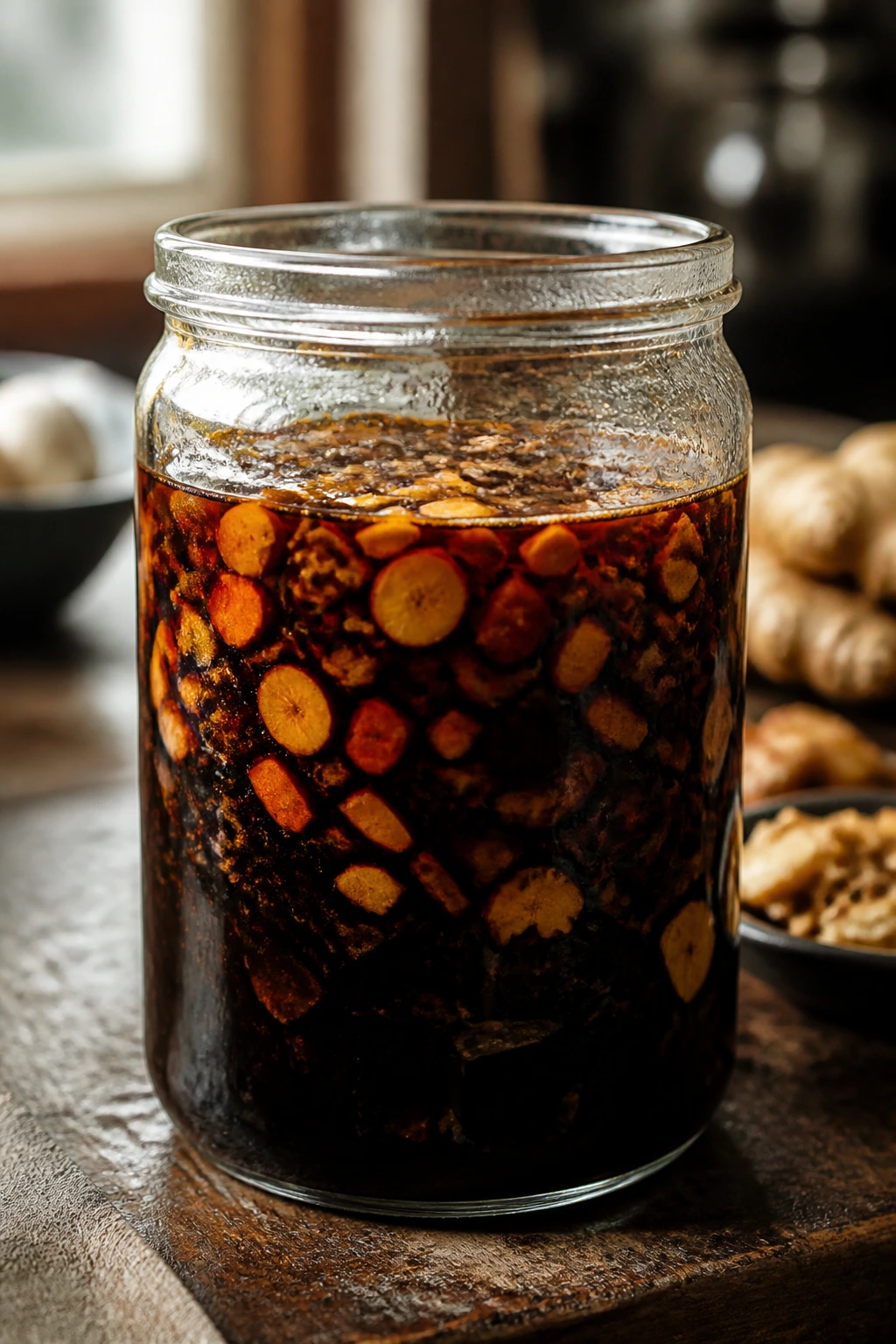 Close-up of a glossy glass jar of aromatic soy sauce alternative on a wooden kitchen counter