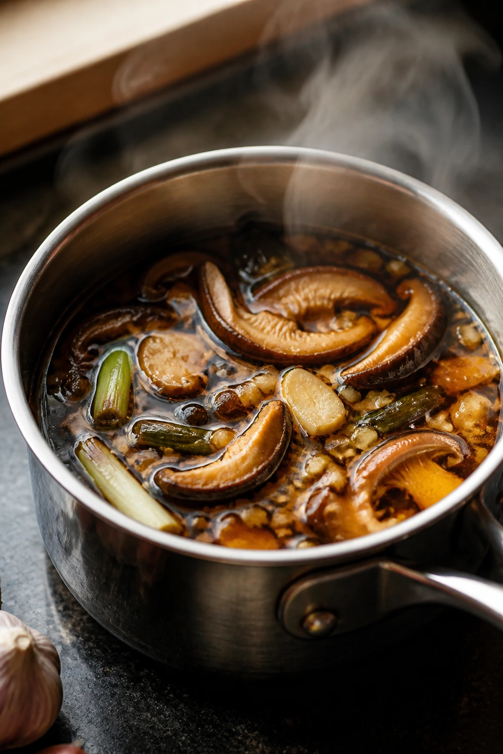 Close-up of aromatic soy sauce in a small pot with shiitake and aromatics