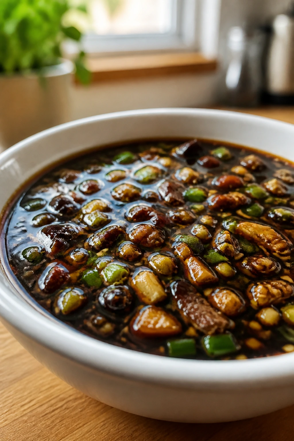 Close-up of Aromatic Soy Sauce Alternative in a small dish with warm kitchen background