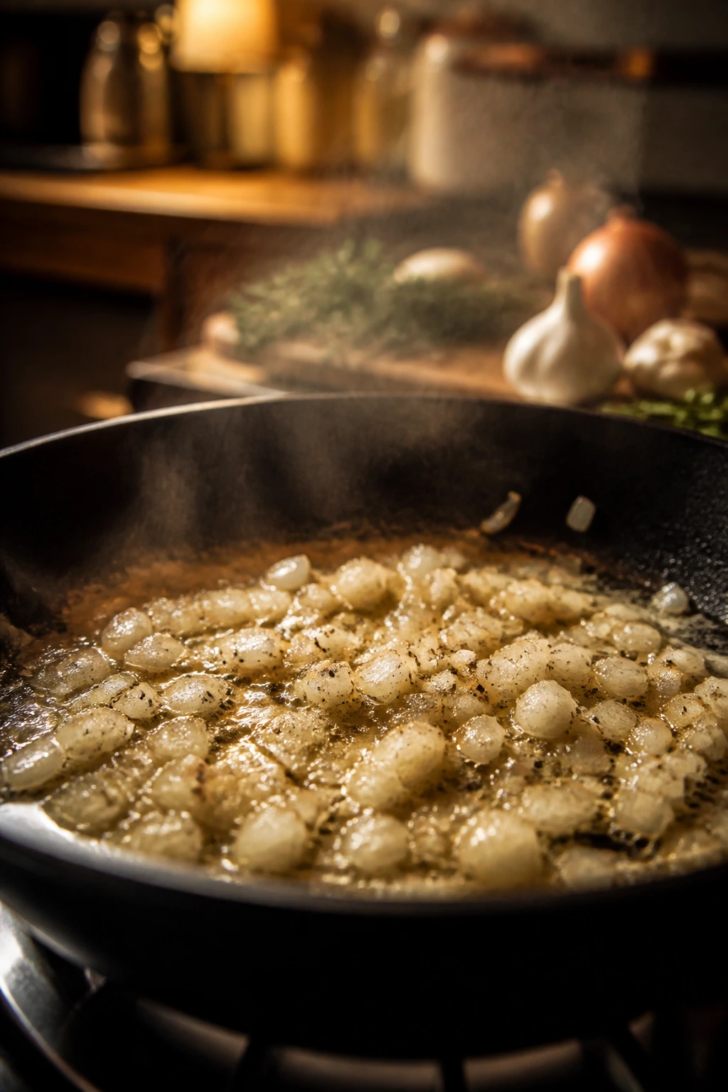 Sizzling onions and fat in a skillet in a warm kitchen