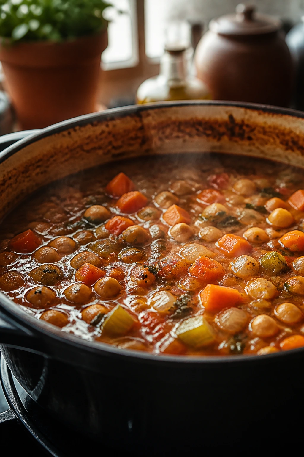 Close-up of smoky chickpea stew surface showing aromatics and vegetables