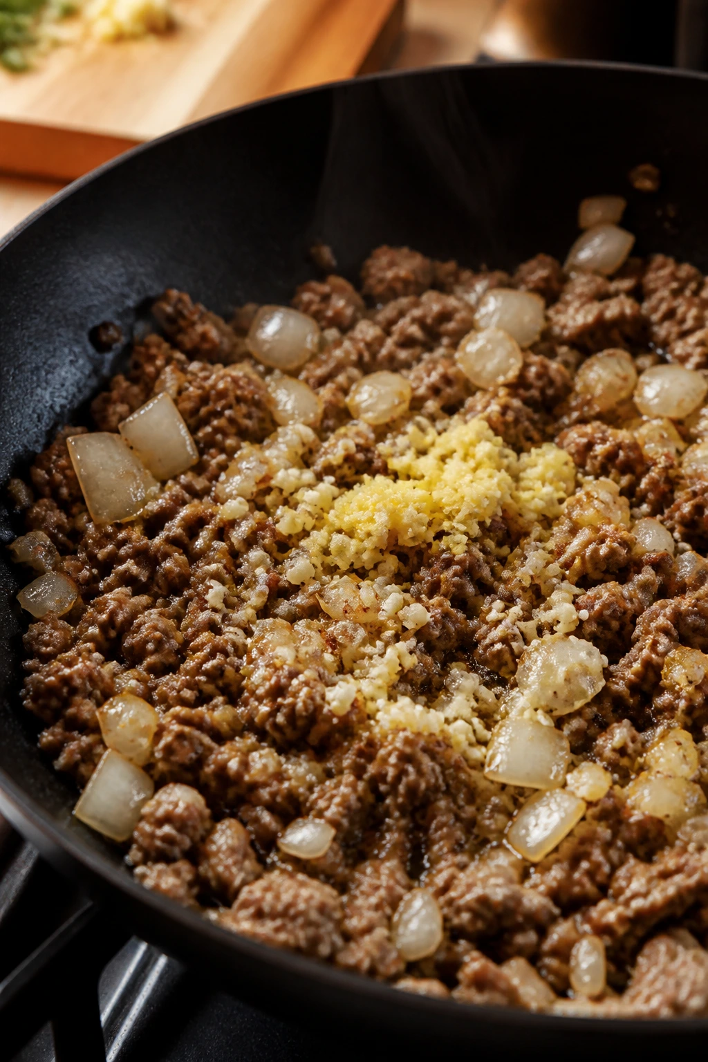 Sizzling pan with onions, garlic, and ginger browning with ground beef