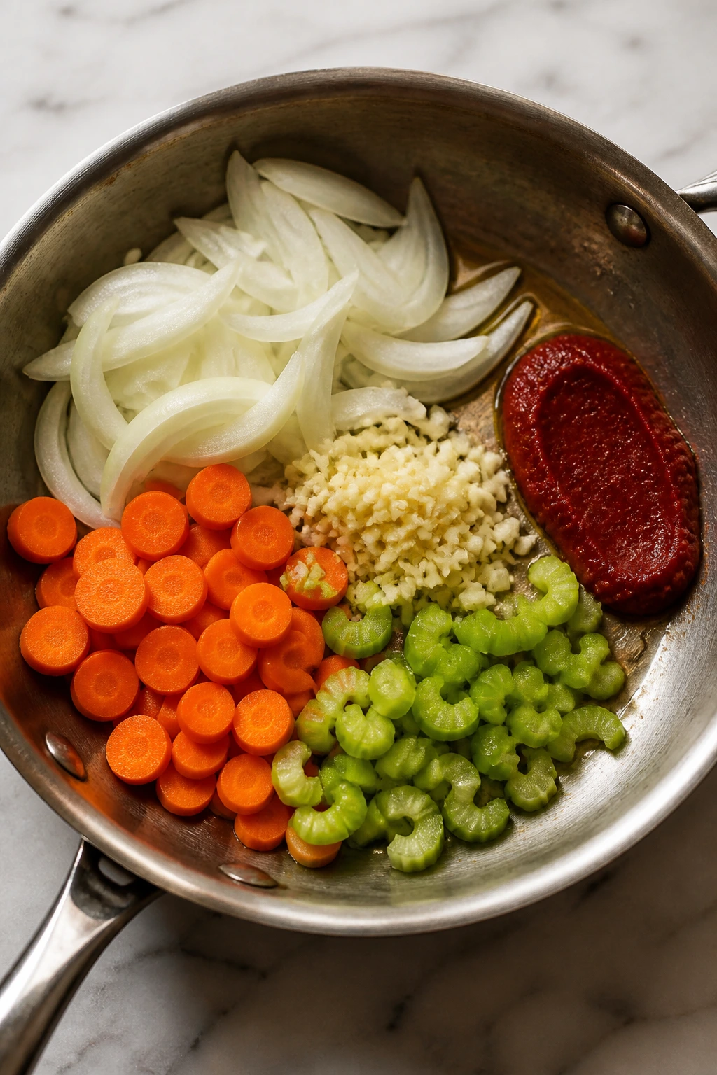 Overhead view of pan with aromatics ready to braise