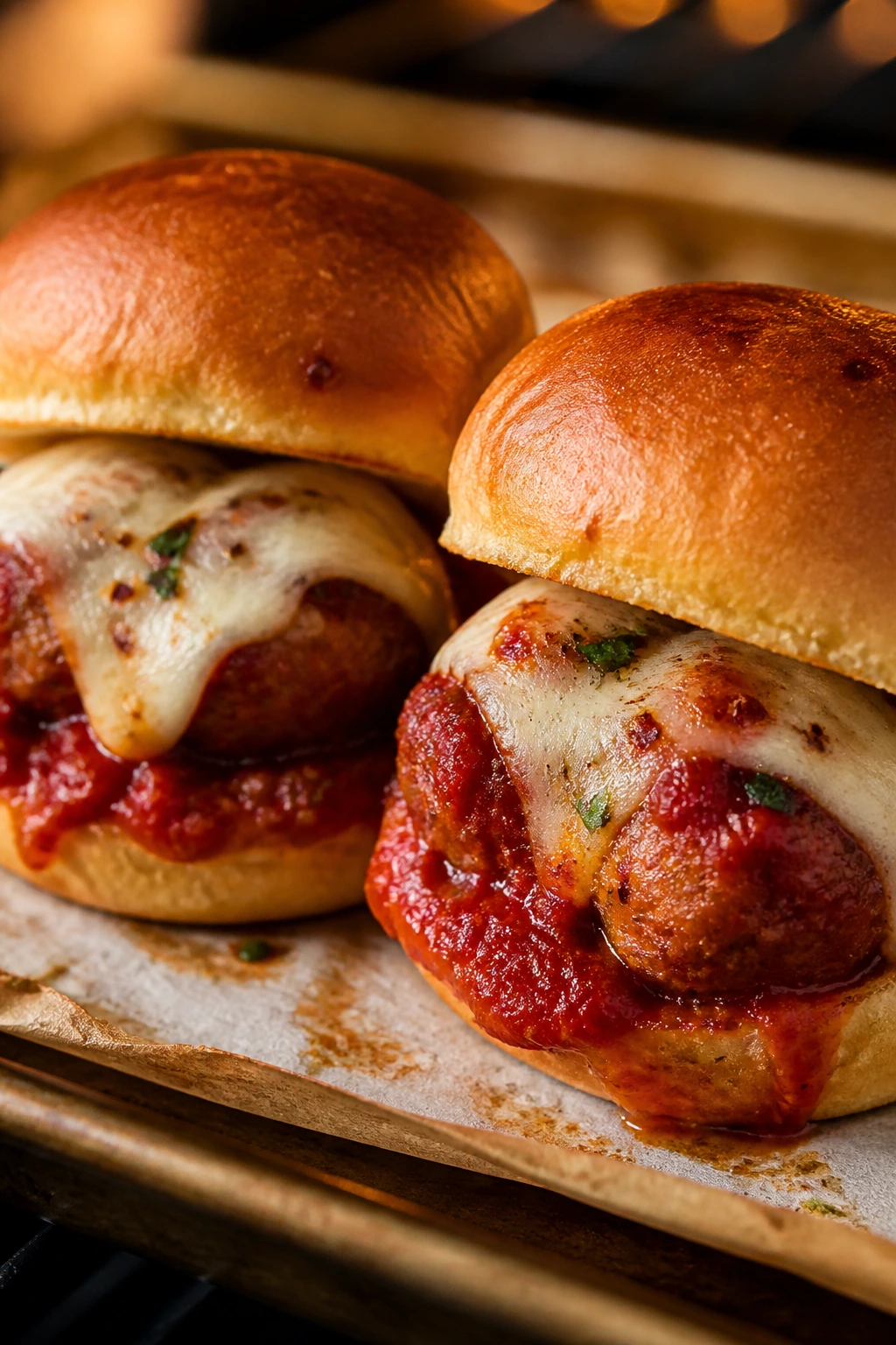 Two spicy arrabbiata sliders with red sauce and melted mozzarella