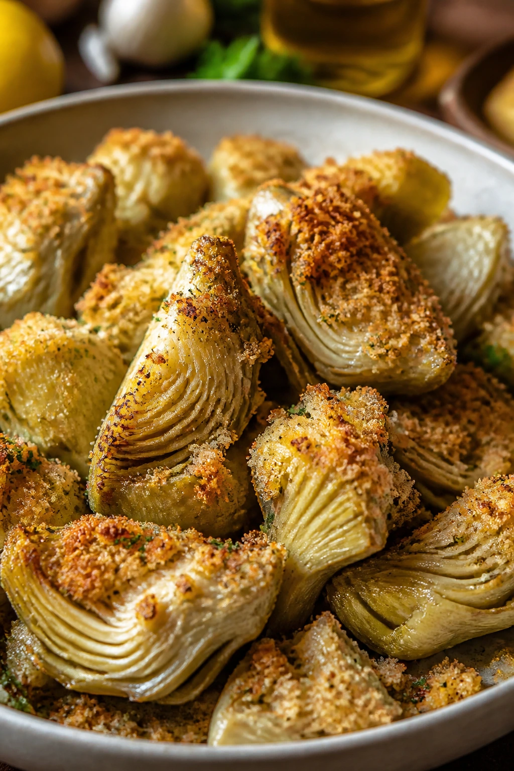Artichoke hearts with garlic breadcrumbs on a plate