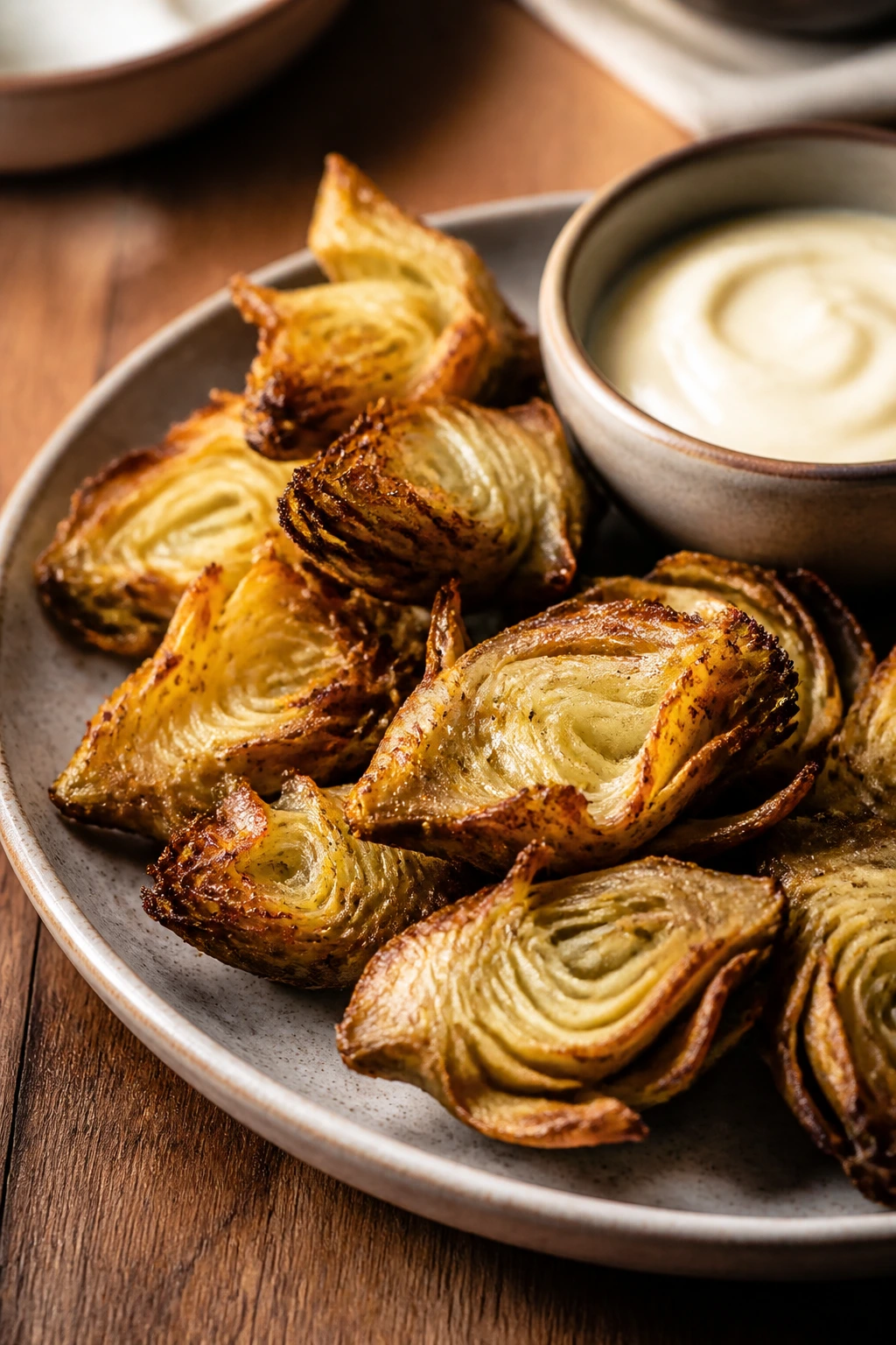 Crispy artichoke hearts with lemon mayo on plate