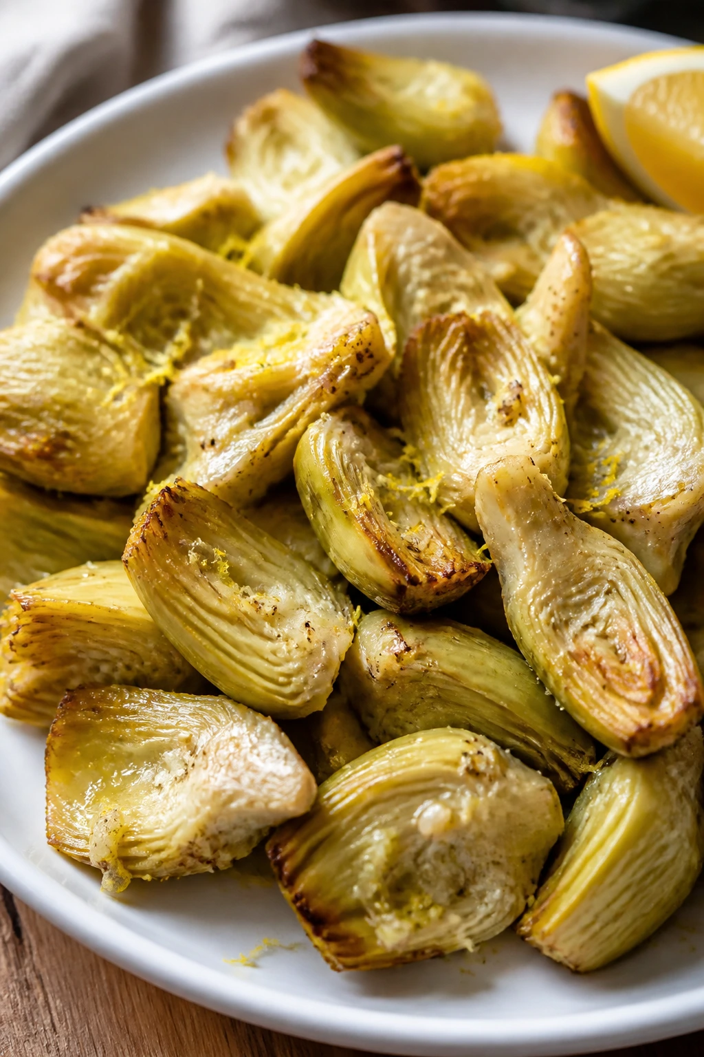 Close-up of lemon-artichoke hearts with zest on a plate