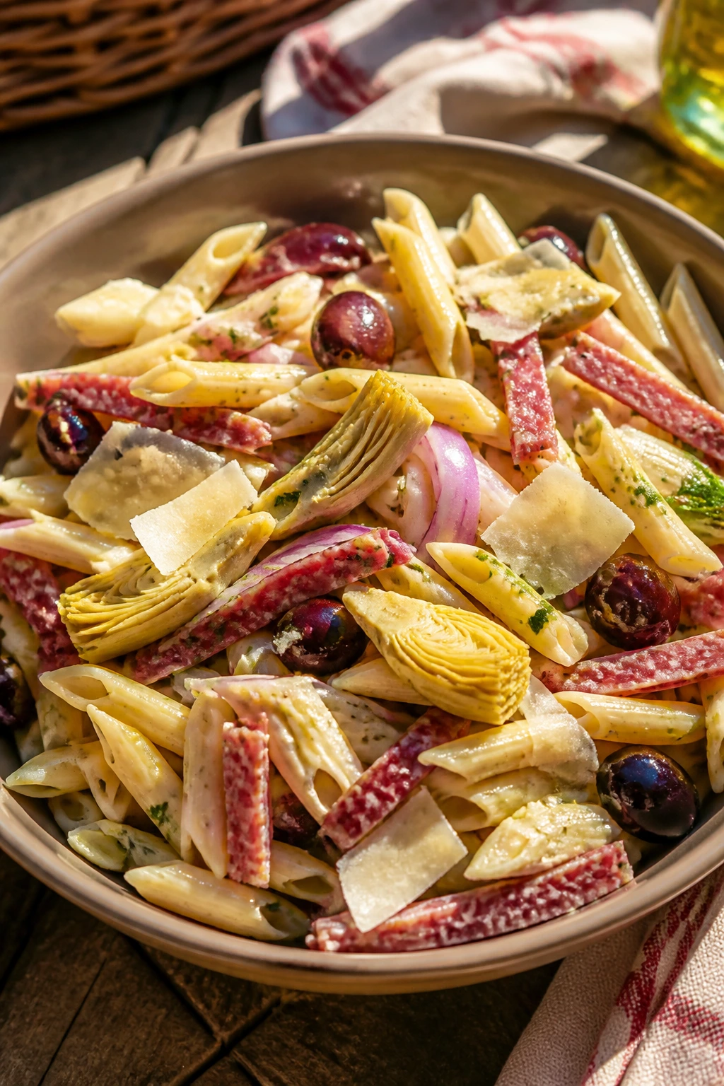 Pasta salad with artichokes, salami, and Parmesan in a deep bowl on a park picnic table