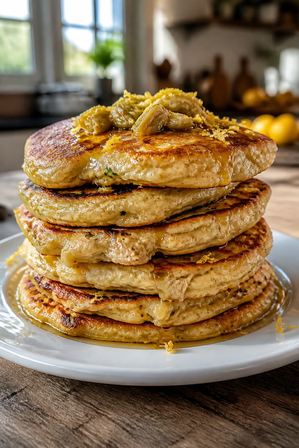 Close-up of artichoke lemon pancake stack with artichoke bits and lemon zest