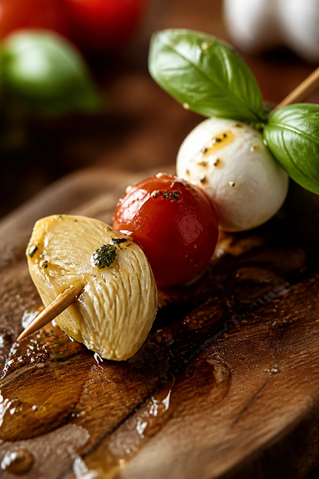 Artichoke Heart Caprese Skewer with mozzarella and basil on wooden board