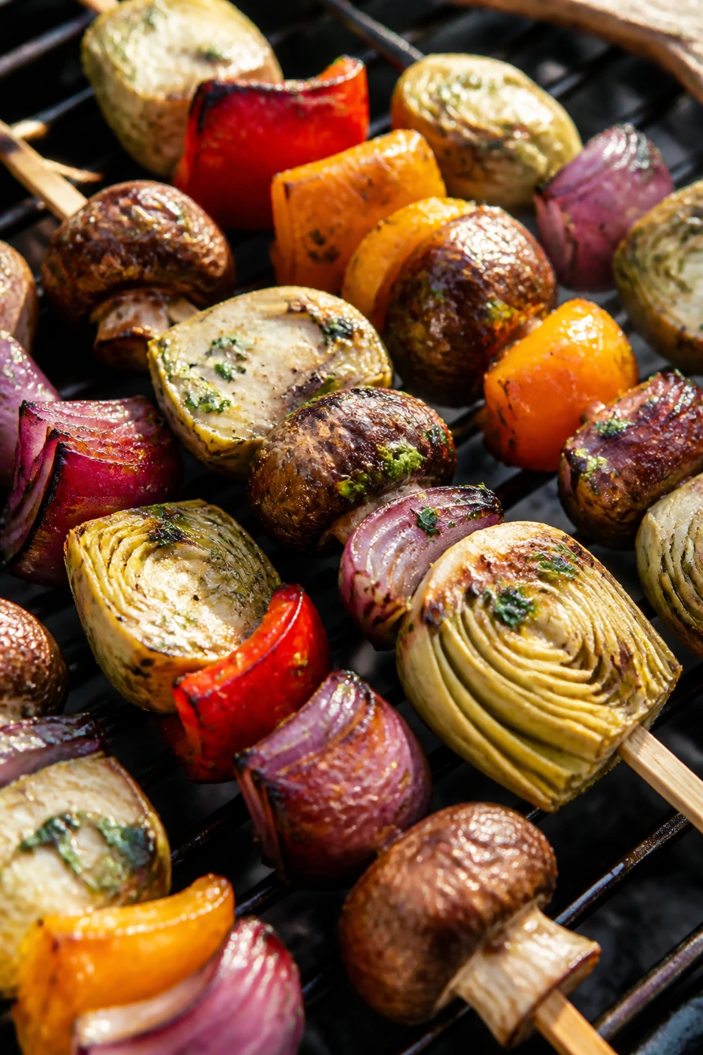Close-up of Garlic Herb Artichoke Mushroom and Pepper Kabobs on skewers