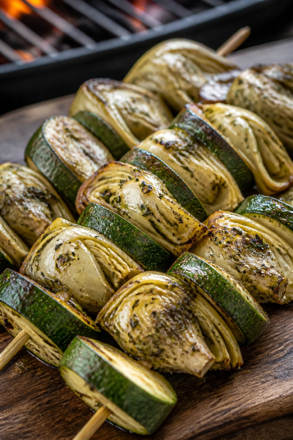 Artichoke hearts and zucchini skewers with lemon herb marinade grilling outdoors