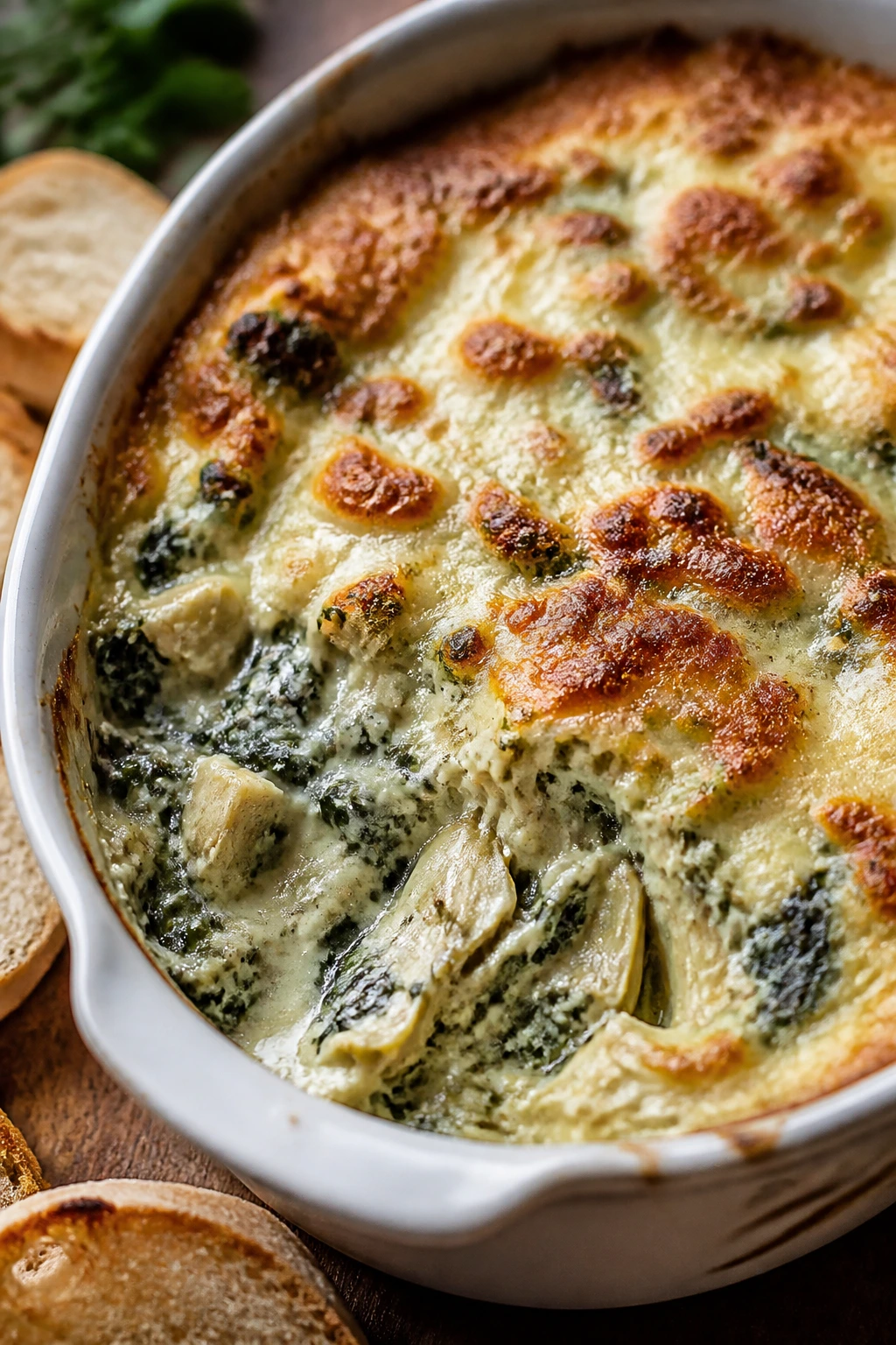 Close-up of bubbling Italian-Style Artichoke and Spinach Dip in baking dish