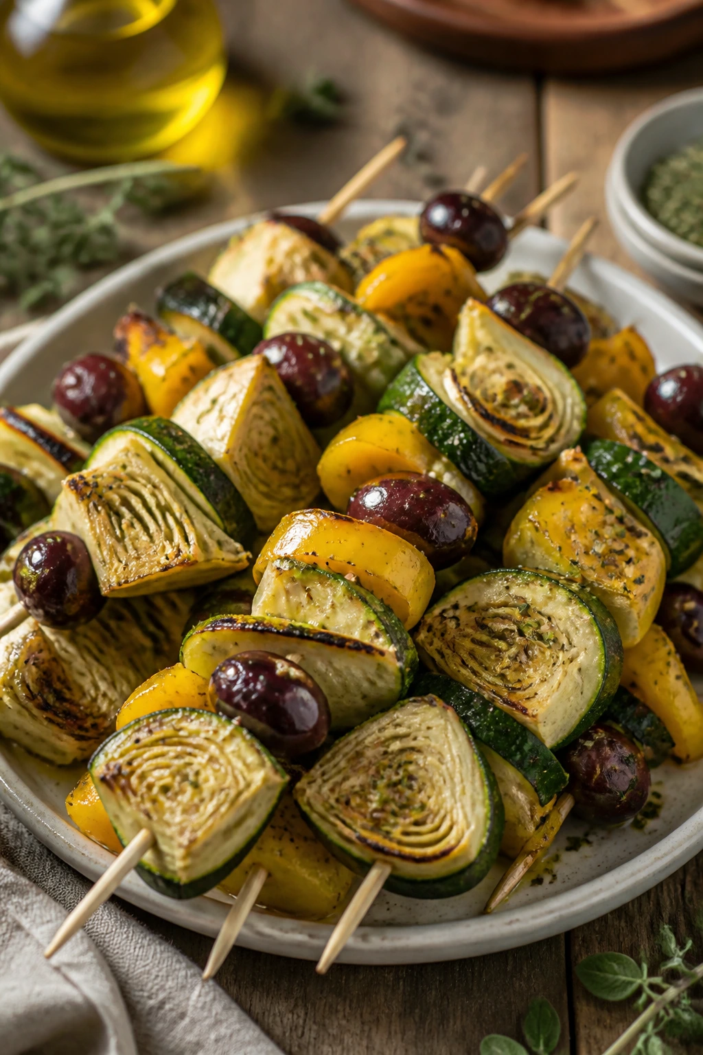 Artichoke and zucchini skewers with olives