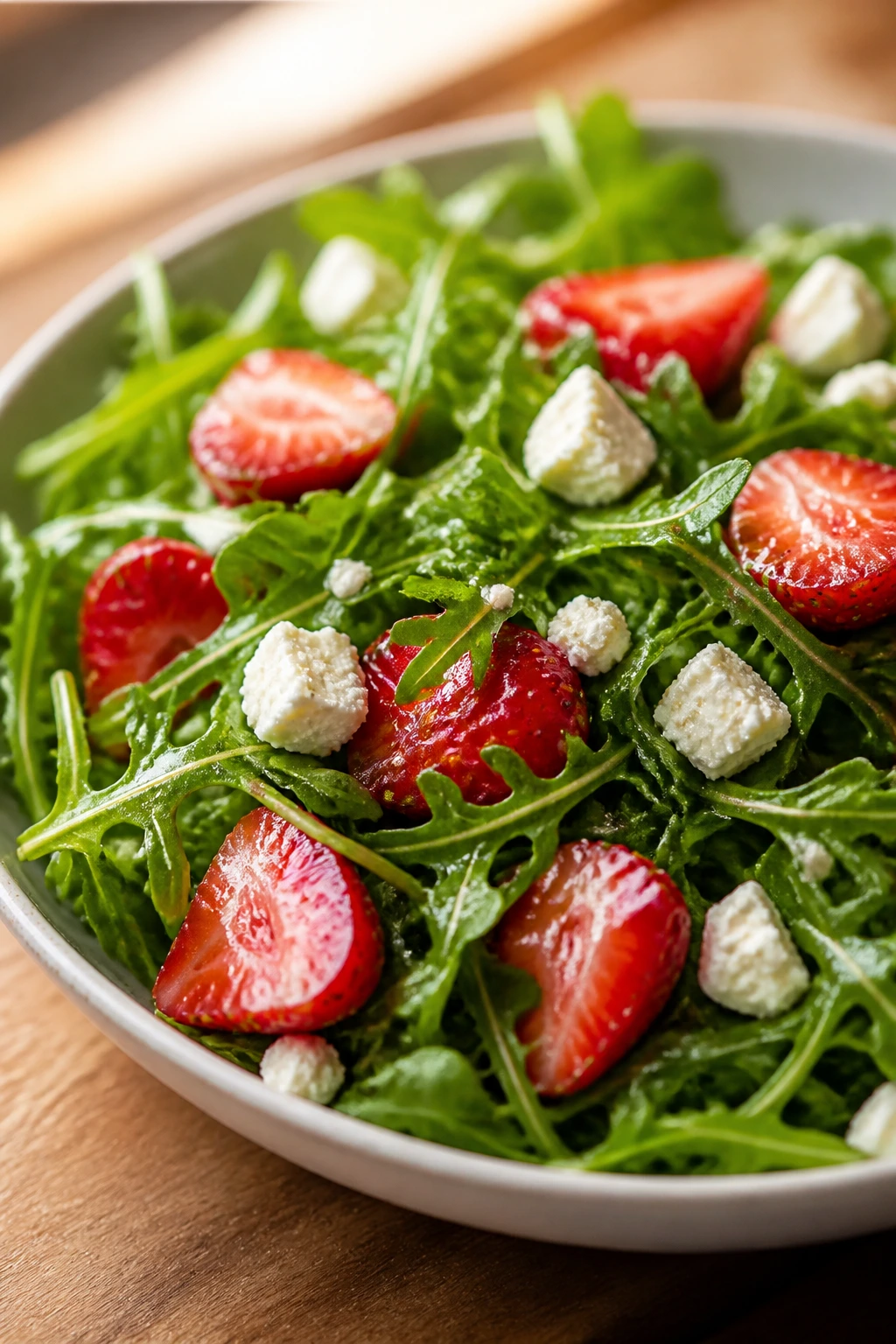 Arugula with strawberries and feta in a shallow bowl