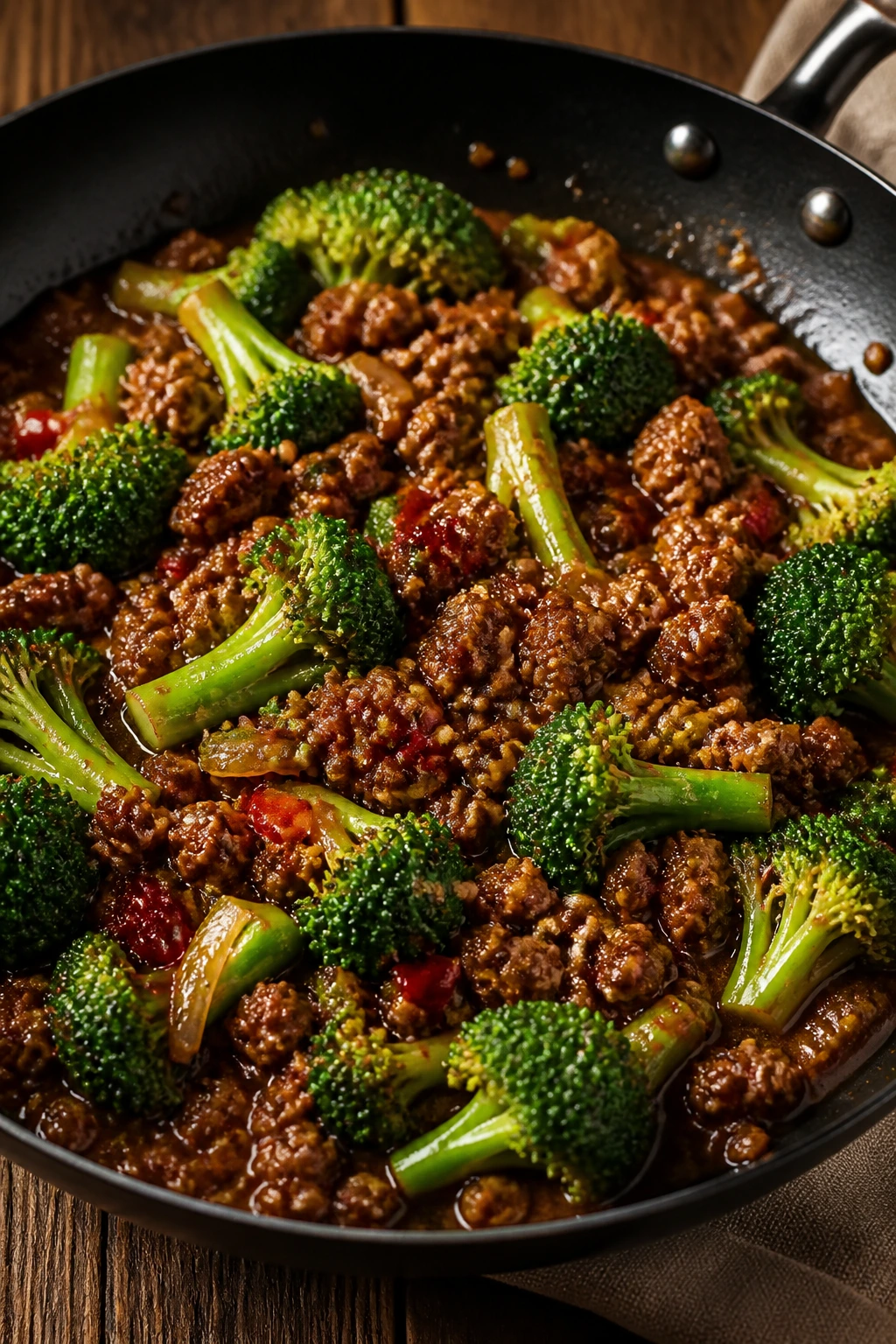 Close-up of glossy spicy beef and broccoli in a skillet