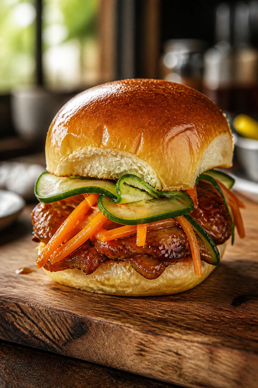 Close-up of a glossy Asian chicken slider with crisp toppings on a wooden board