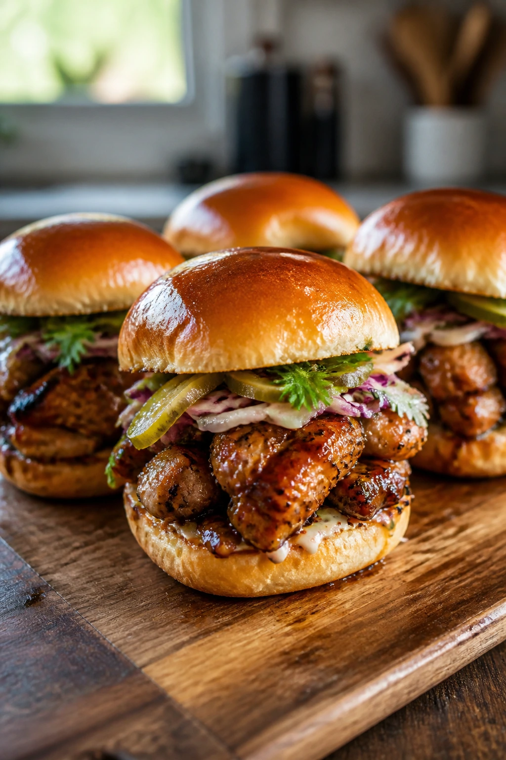 Close-up of Asian chicken sliders on a wooden board in a cozy home kitchen