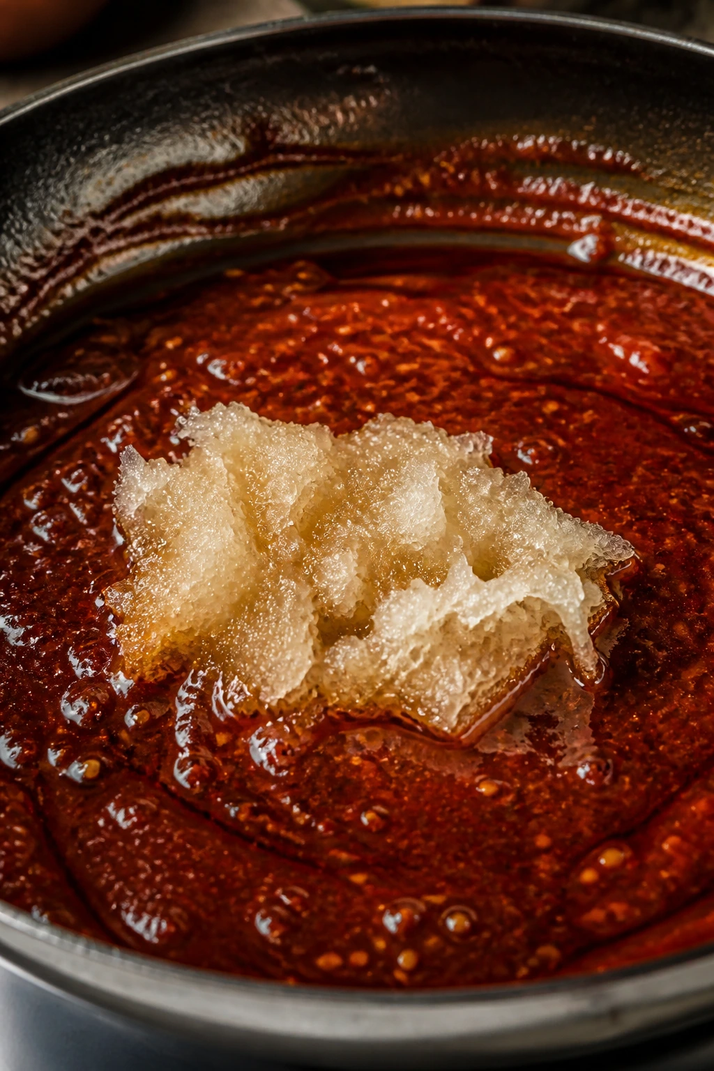 Glossy bibimbap sauce with grated Asian pear on top in a pan