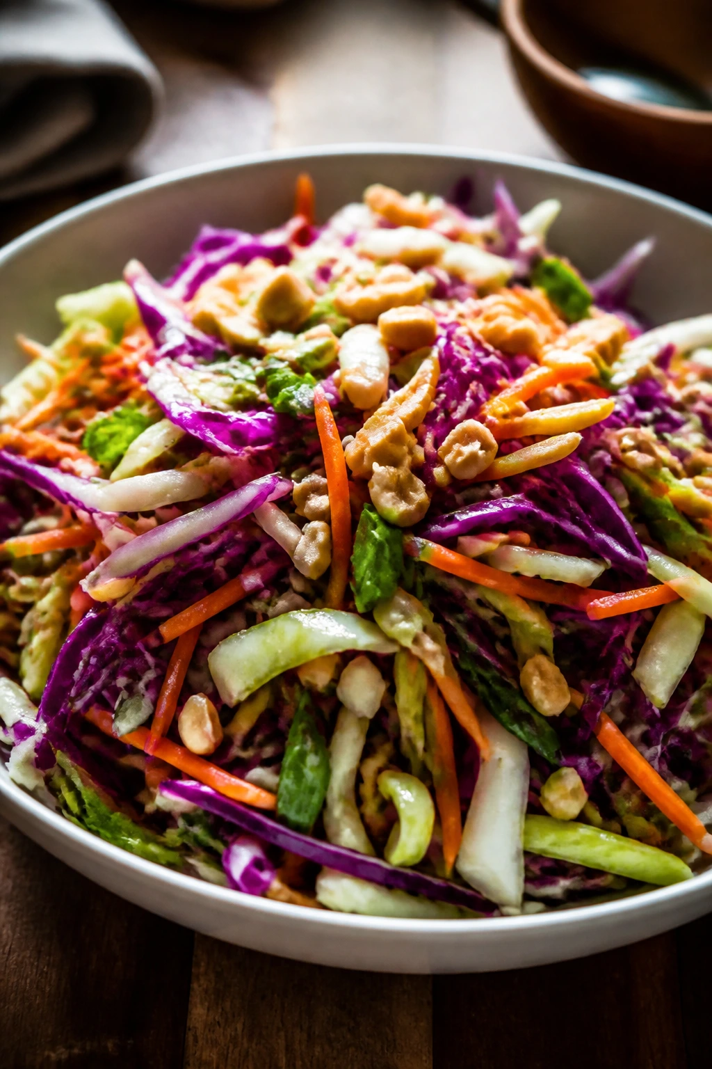 Vibrant Asian slaw in a shallow bowl showing purple and green cabbage