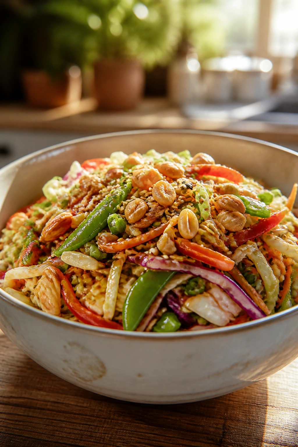 Bright cold bowl of crispy Asian slaw on a wooden surface in sunlight