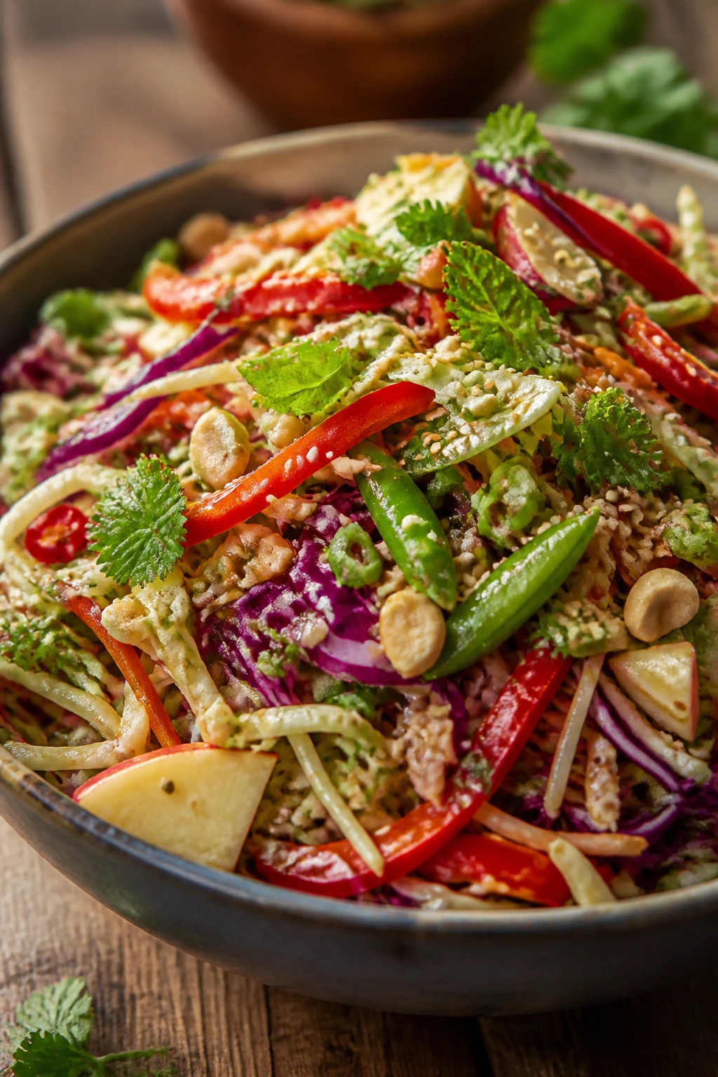 Bright Asian slaw with cabbage, carrot, apple, peanuts and sesame seeds on a wooden surface
