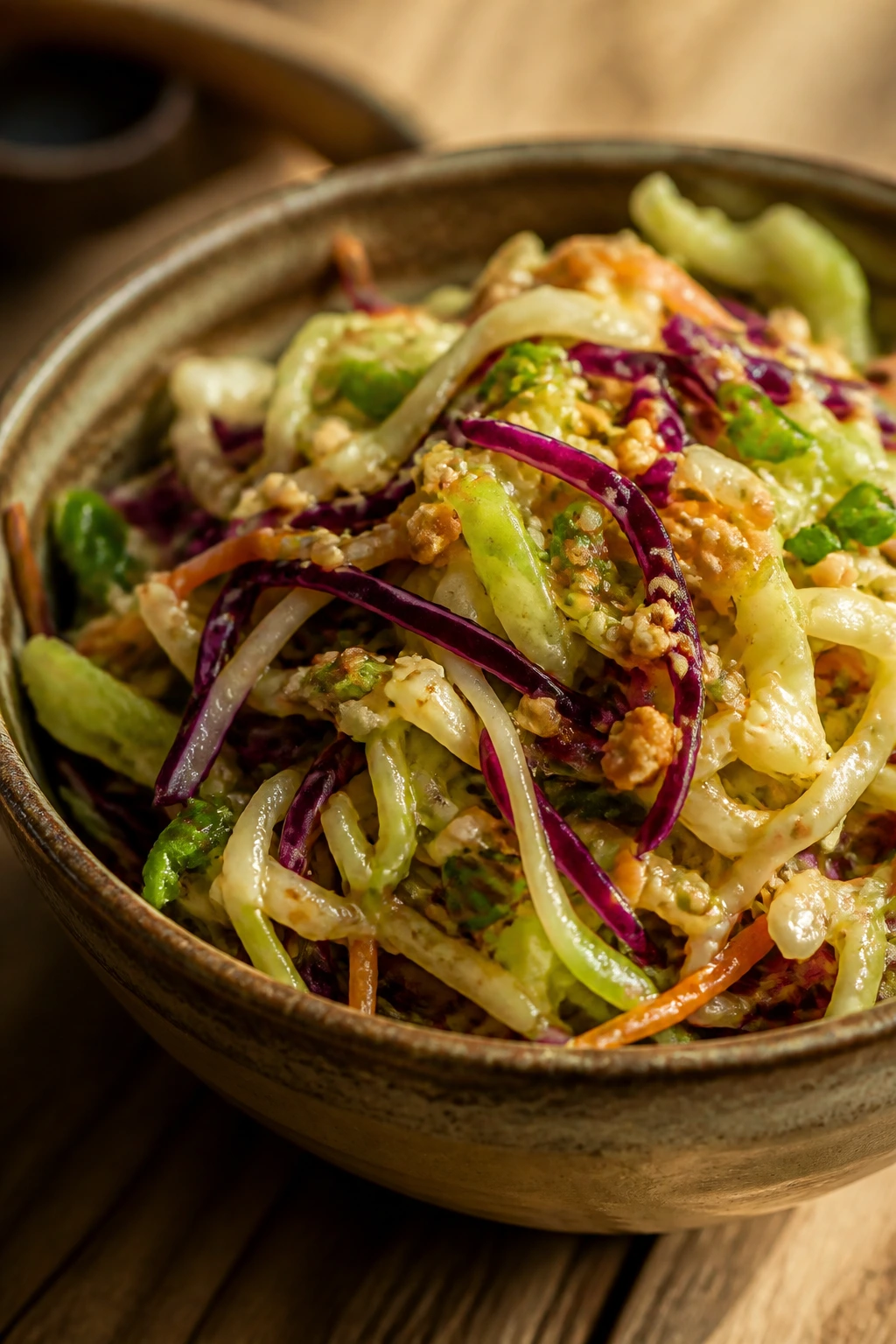 Close-up of crisp Asian slaw in a rustic bowl with glossy dressing